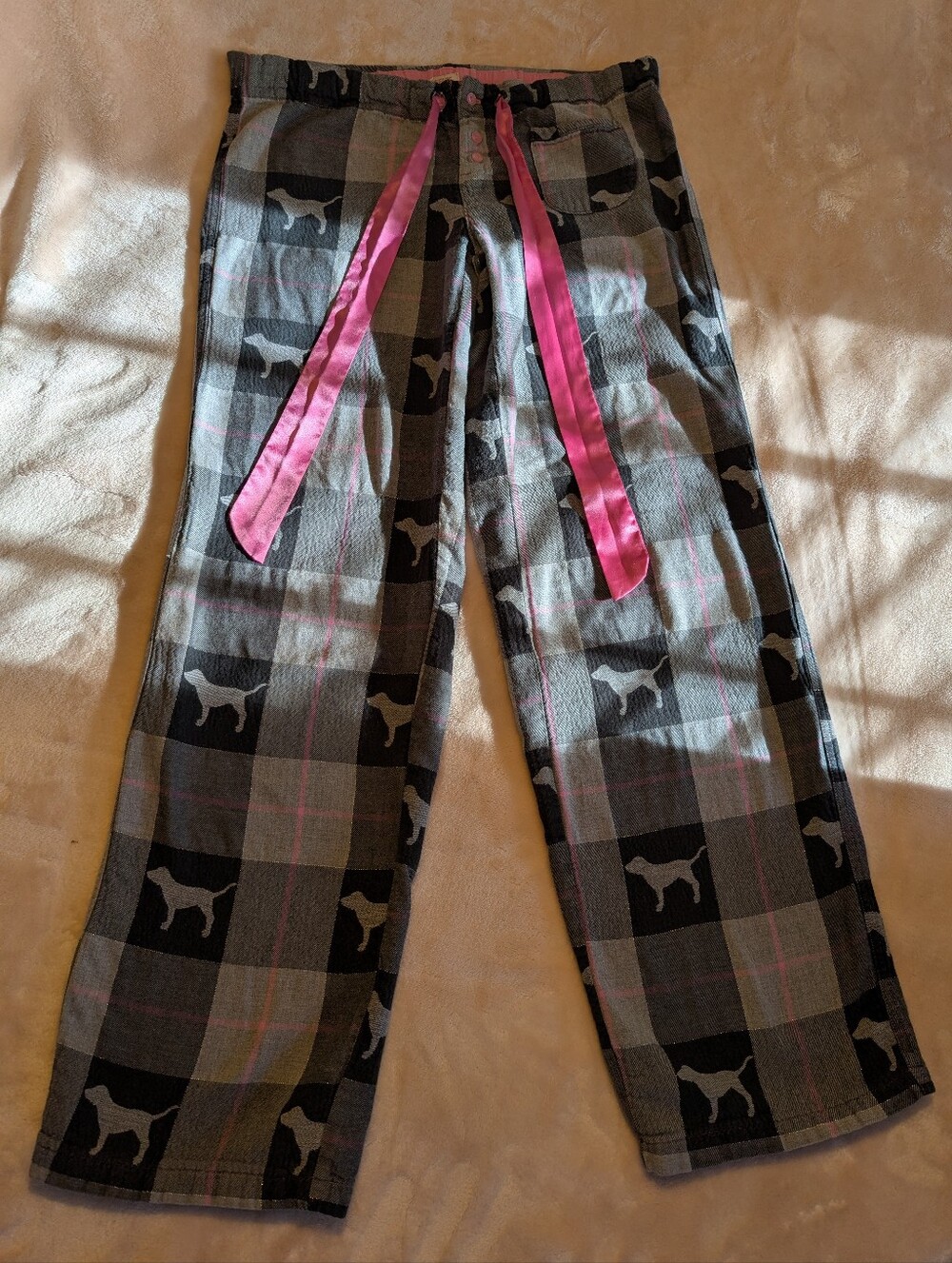 Vintage Y2K PINK Gray/Pink Plaid Dog Pajama Pants Drawstring Cotton Blend Small